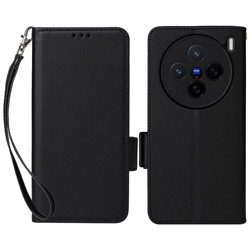 For vivo X200 5G Case with Wrist Strap Litchi Texture PU Leather Wallet Phone Cover - Black - 1