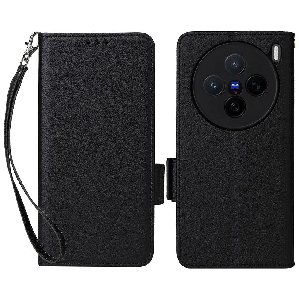 For vivo X200 5G Case with Wrist Strap Litchi Texture PU Leather Wallet Phone Cover - Black - 1