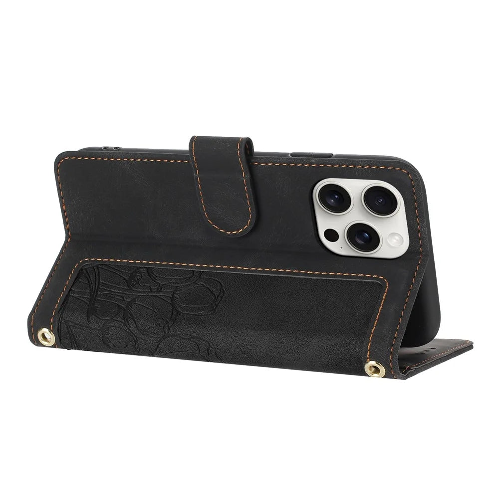For iPhone 16 Pro Case Tulip Leather Phone Cover with 5 Card Slots Wallet - Black - 2