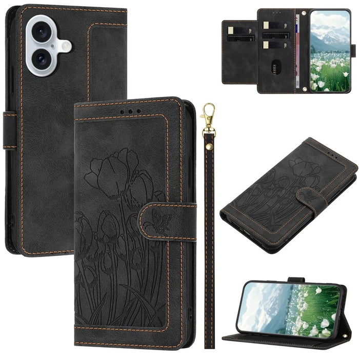 For iPhone 16 Case Tulip Leather Phone Cover with 5 Card Slots Wallet - Black - 1