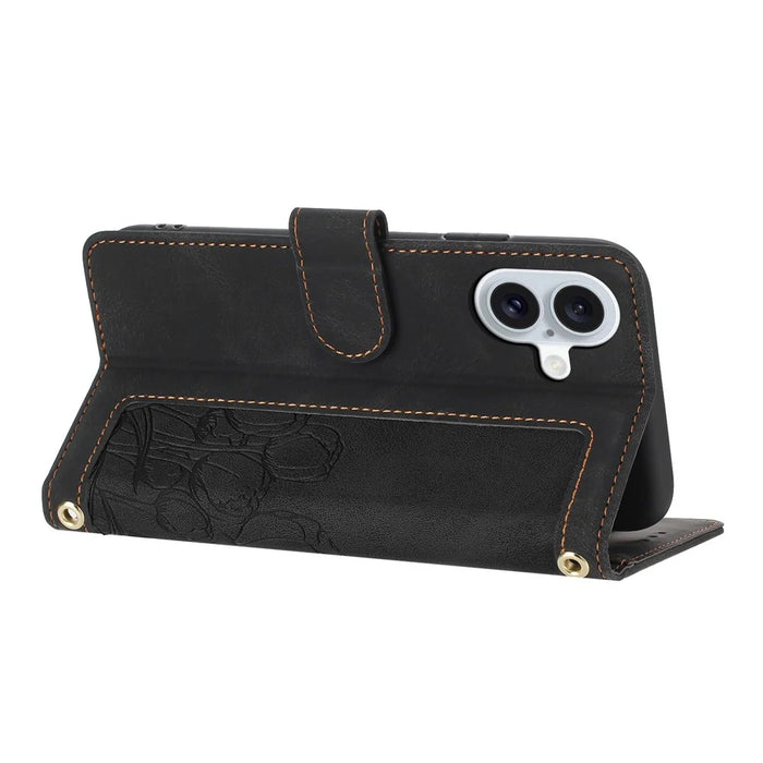 For iPhone 16 Case Tulip Leather Phone Cover with 5 Card Slots Wallet - Black - 2