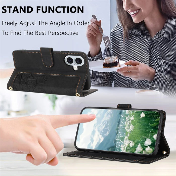 For iPhone 16 Case Tulip Leather Phone Cover with 5 Card Slots Wallet - Black - 4