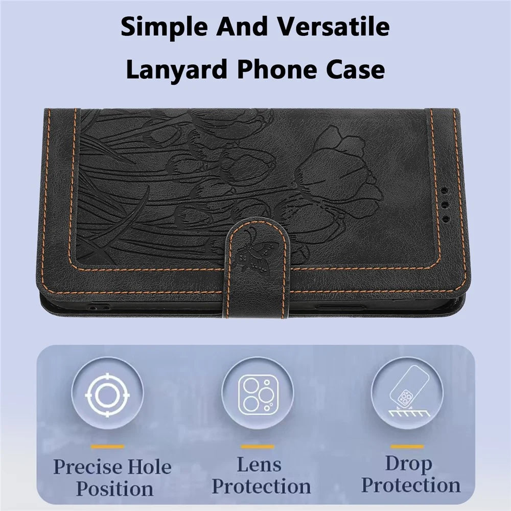 For iPhone 16 Plus Case Tulip Leather Phone Cover with 5 Card Slots Wallet - Black - 7