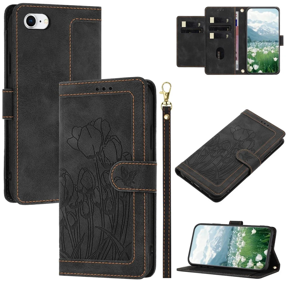 For iPhone 17e / 16e Case Tulip Leather Phone Cover with 5 Card Slots Wallet - Black - 1