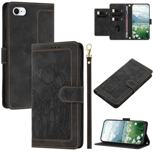 For iPhone 17e / 16e Case Tulip Leather Phone Cover with 5 Card Slots Wallet - Black - 1