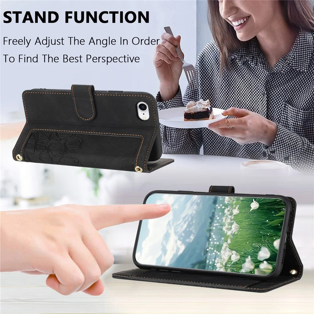 For iPhone 17e / 16e Case Tulip Leather Phone Cover with 5 Card Slots Wallet - Black - 4