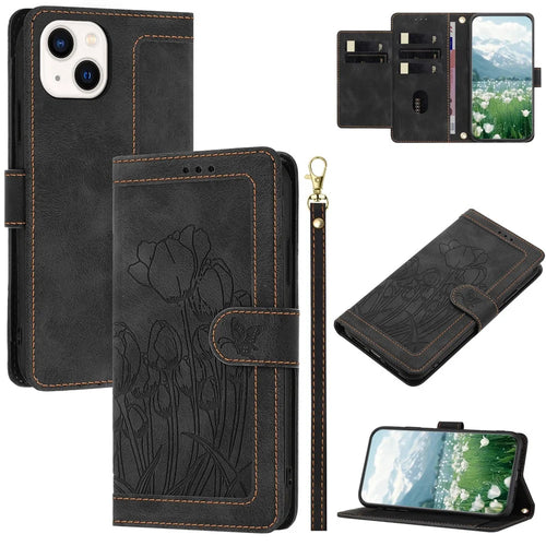 For iPhone 15 Case Tulip Leather Phone Cover with 5 Card Slots Wallet - Black - 1