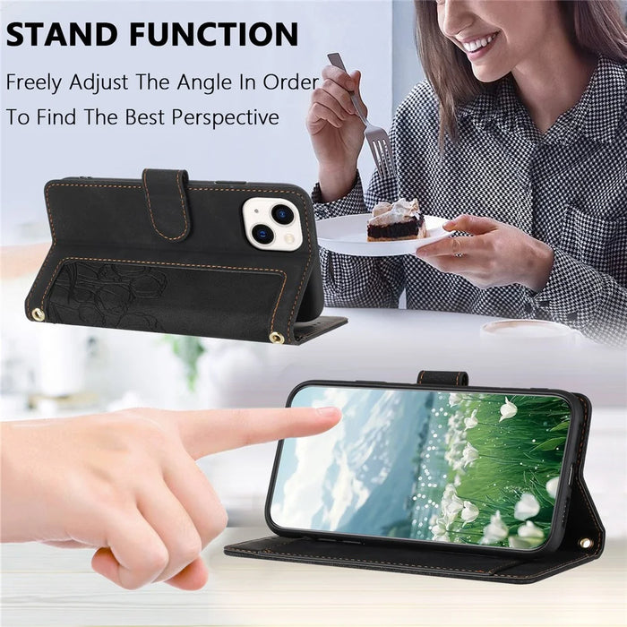For iPhone 15 Case Tulip Leather Phone Cover with 5 Card Slots Wallet - Black - 4