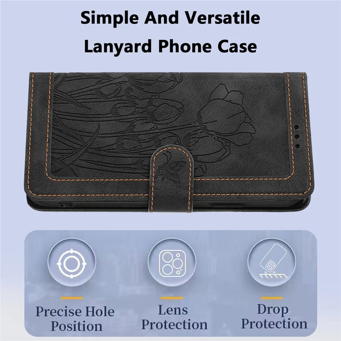 For iPhone 15 Case Tulip Leather Phone Cover with 5 Card Slots Wallet - Black - 7