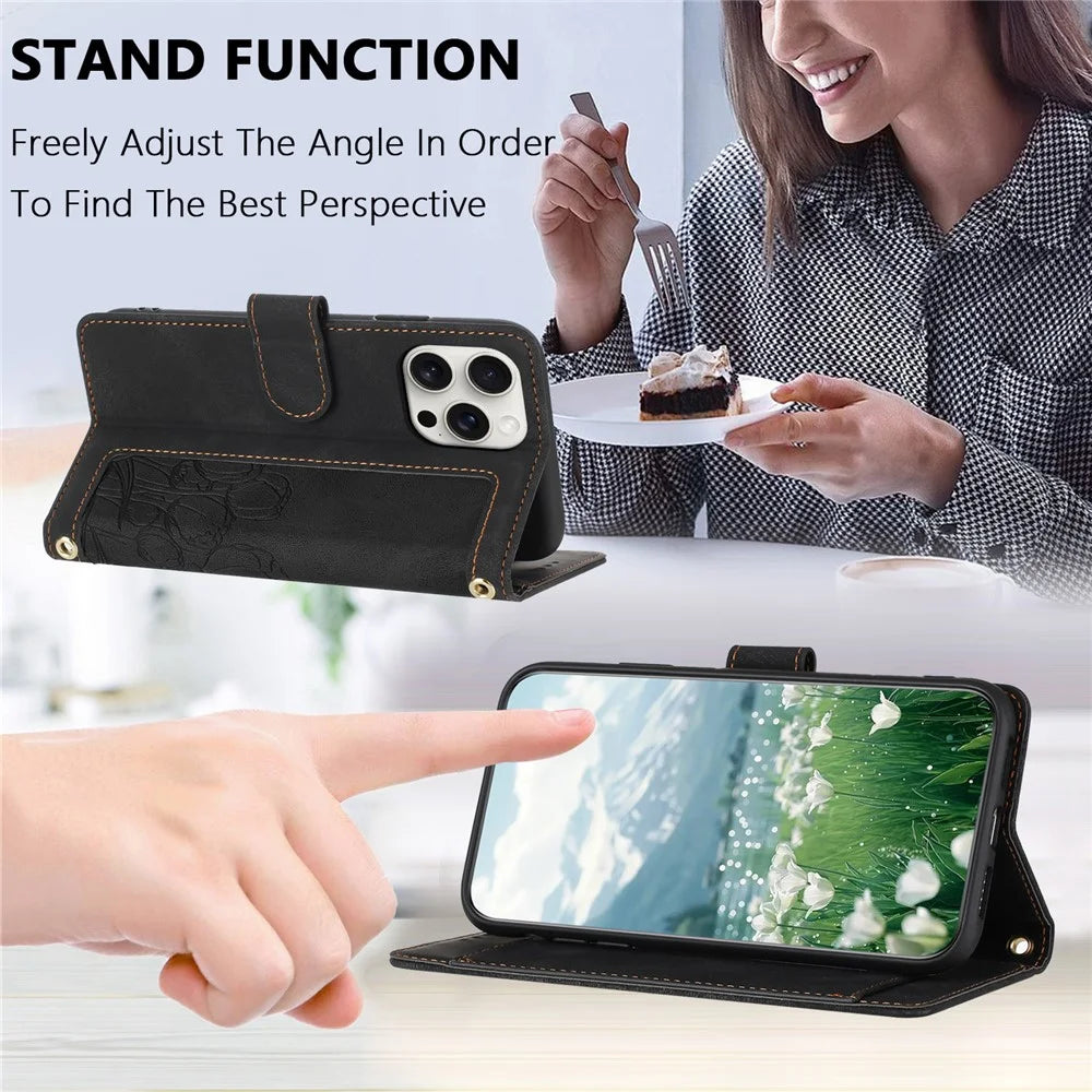 For iPhone 15 Pro Case Tulip Leather Phone Cover with 5 Card Slots Wallet - Black - 4