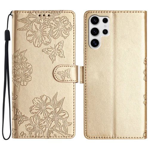 For Samsung Galaxy S25 Ultra Case Butterfly Flower Drop-Proof PU Leather Wallet Phone Cover - Gold - 1
