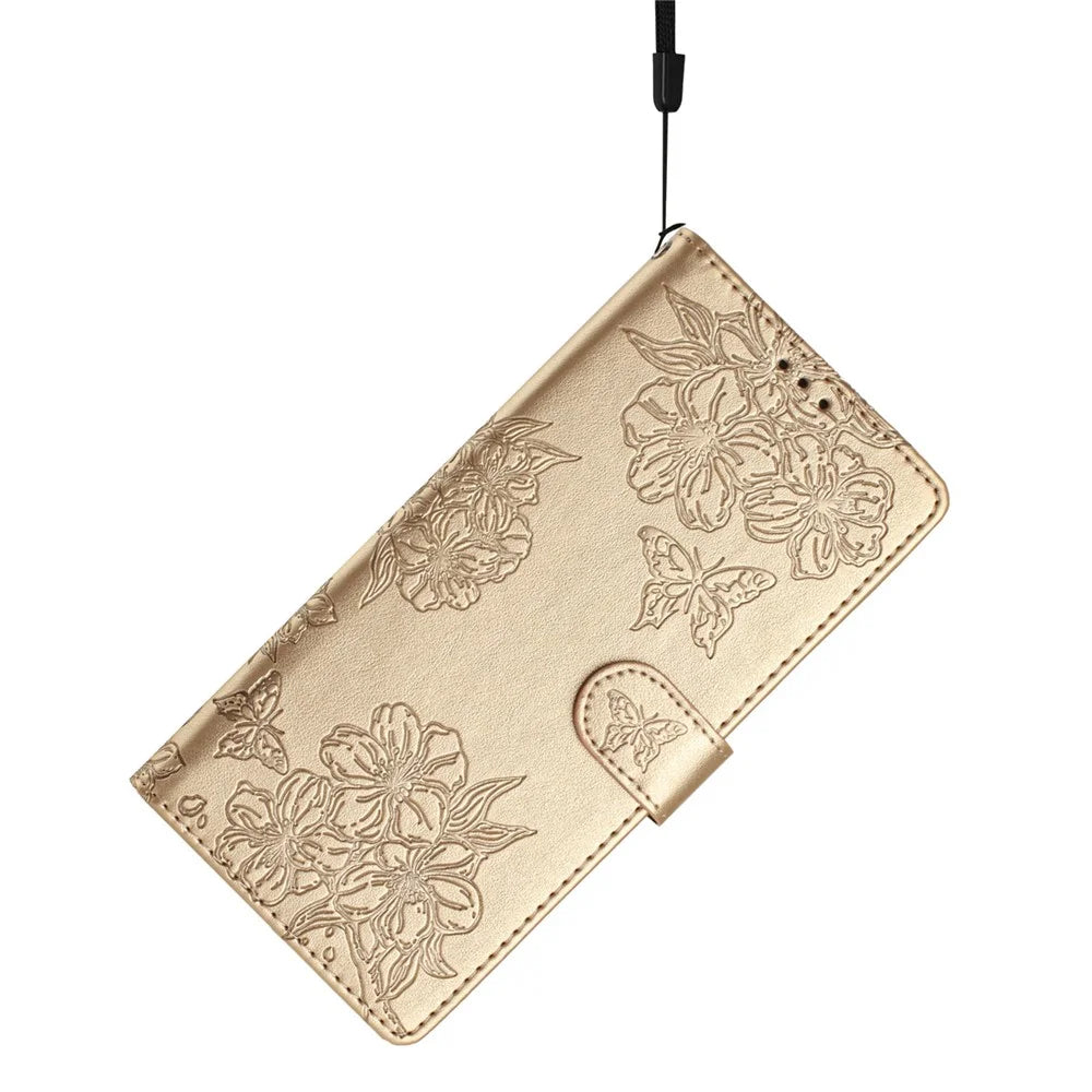 For Samsung Galaxy S25 Ultra Case Butterfly Flower Drop-Proof PU Leather Wallet Phone Cover - Gold - 5