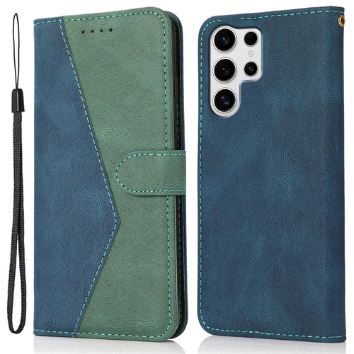 For Samsung Galaxy S25 Ultra Cover Color Splicing Wallet Stand Leather Phone Case with Wrist Strap - Blue+Green - 1