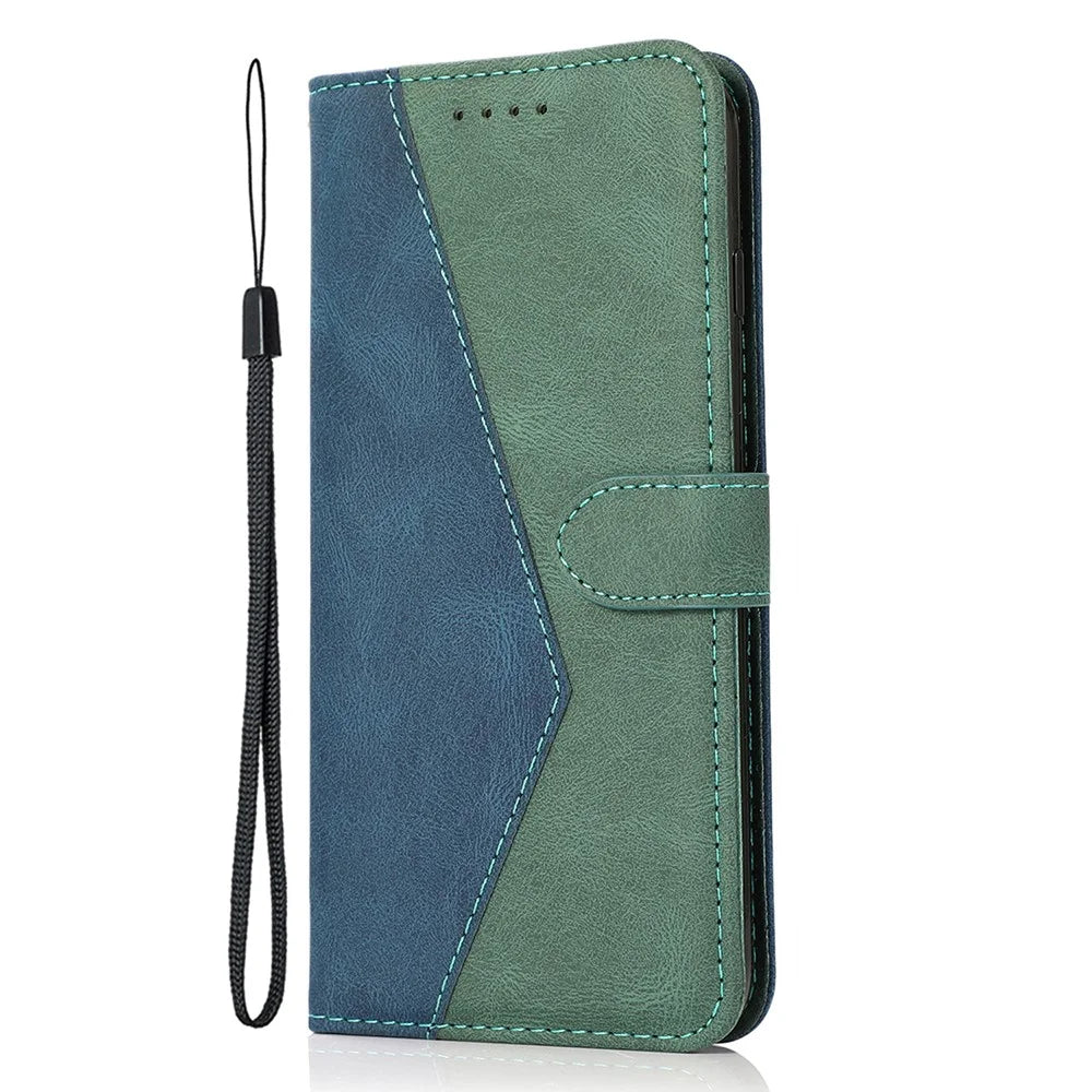 For Samsung Galaxy S25 Ultra Cover Color Splicing Wallet Stand Leather Phone Case with Wrist Strap - Blue+Green - 4