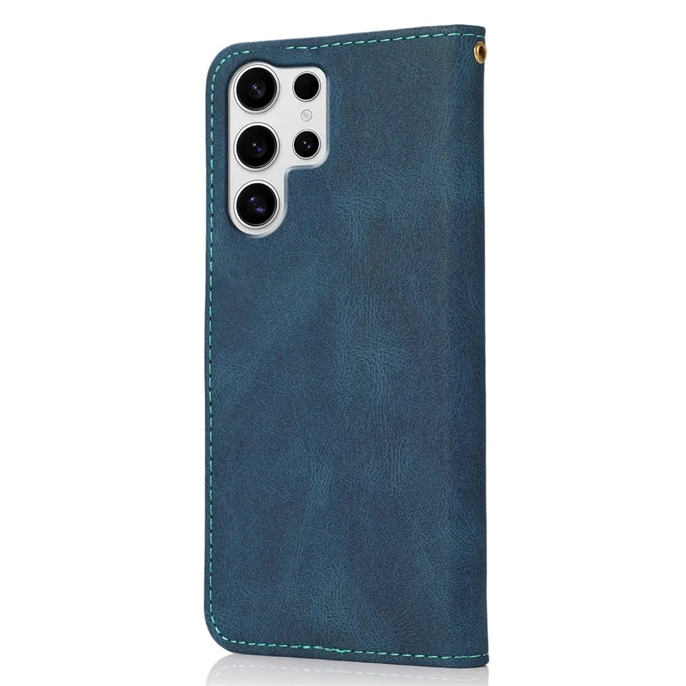 For Samsung Galaxy S25 Ultra Cover Color Splicing Wallet Stand Leather Phone Case with Wrist Strap - Blue+Green - 5