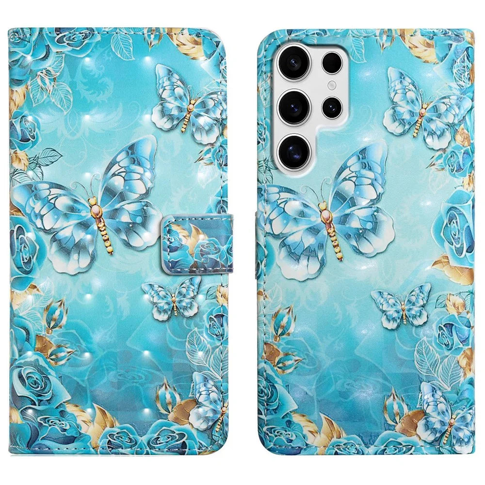 For Samsung Galaxy S25 Ultra Case 3D Creative Pattern PU Leather Stand Phone Cover - Blue Butterfly - 1
