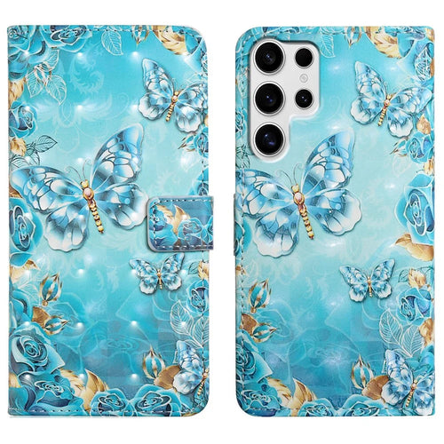 For Samsung Galaxy S25 Ultra Case 3D Creative Pattern PU Leather Stand Phone Cover - Blue Butterfly - 1