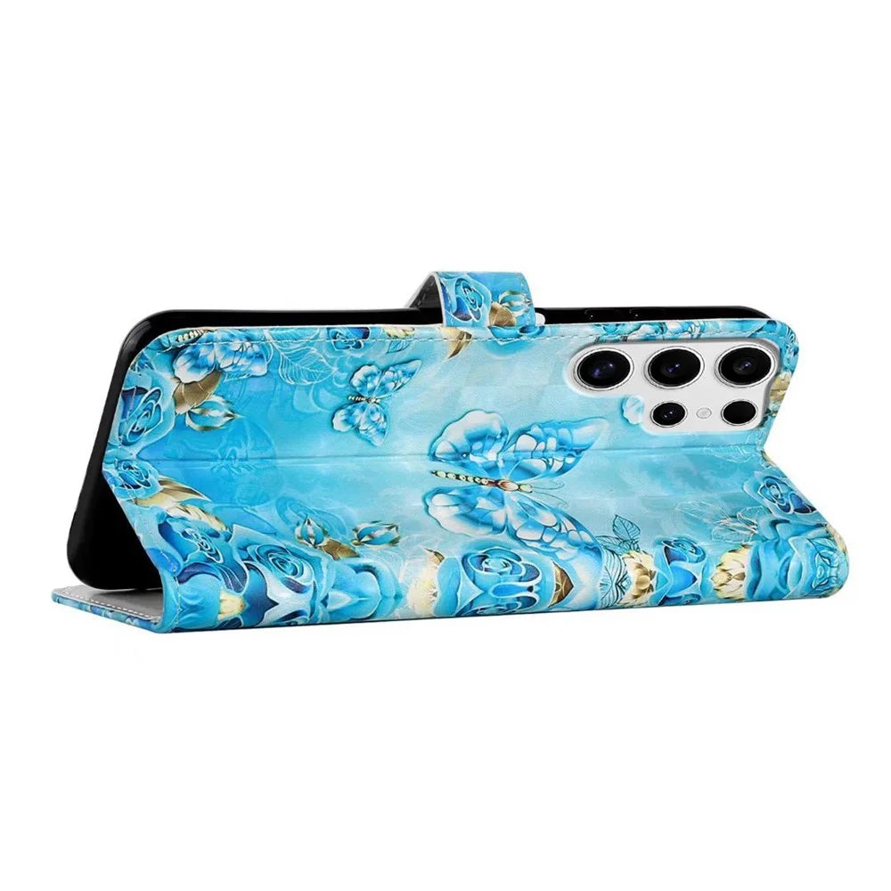 For Samsung Galaxy S25 Ultra Case 3D Creative Pattern PU Leather Stand Phone Cover - Blue Butterfly - 4