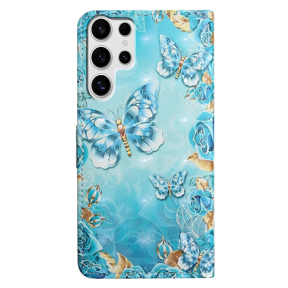 For Samsung Galaxy S25 Ultra Case 3D Creative Pattern PU Leather Stand Phone Cover - Blue Butterfly - 7