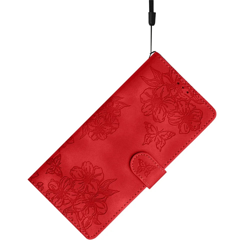 For Samsung Galaxy S25 Ultra Case Butterfly Flower Pattern Skin-Touch Leather Phone Cover - Red - 4