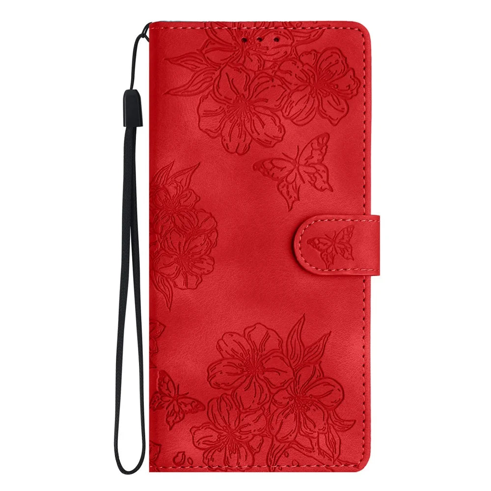 For Samsung Galaxy S25 Ultra Case Butterfly Flower Pattern Skin-Touch Leather Phone Cover - Red - 7