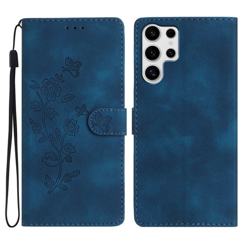 For Samsung Galaxy S25 Ultra Case Leather Imprinted Flower Phone Cover Wallet with Wrist Strap - Blue - 1