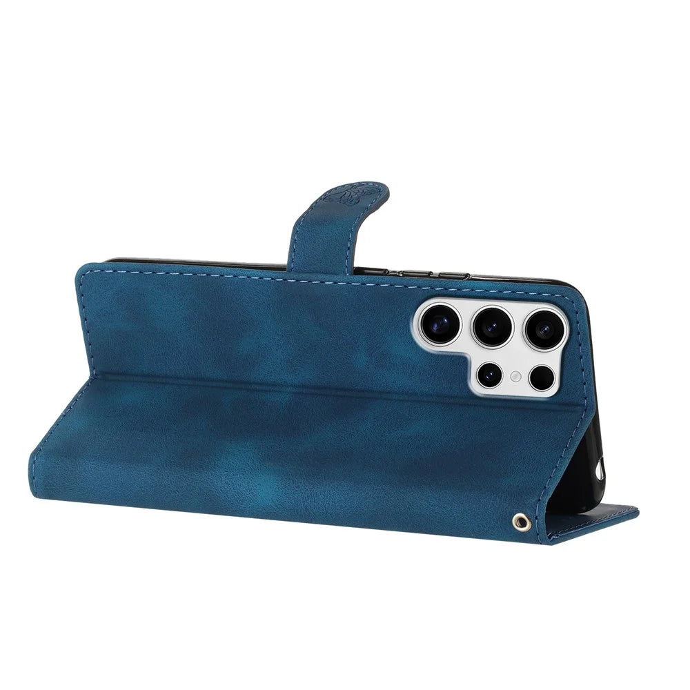 For Samsung Galaxy S25 Ultra Case Leather Imprinted Flower Phone Cover Wallet with Wrist Strap - Blue - 4