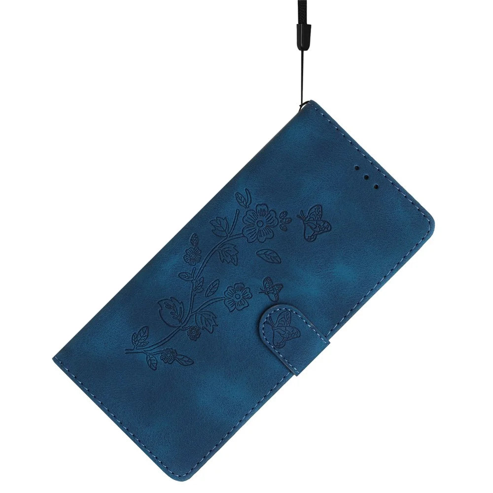 For Samsung Galaxy S25 Ultra Case Leather Imprinted Flower Phone Cover Wallet with Wrist Strap - Blue - 6