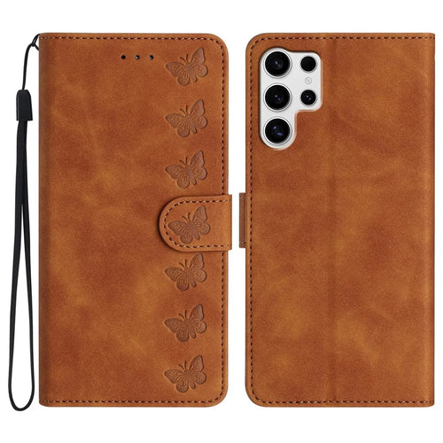 For Samsung Galaxy S25 Ultra Case Imprinted Butterfly Leather Wallet Phone Cover - Brown - 1