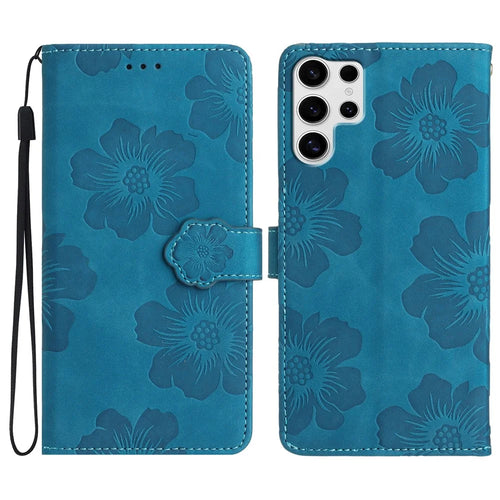 For Samsung Galaxy S25 Ultra Case Flower Design Leather Wallet Phone Cover with Wrist Strap - Blue - 1