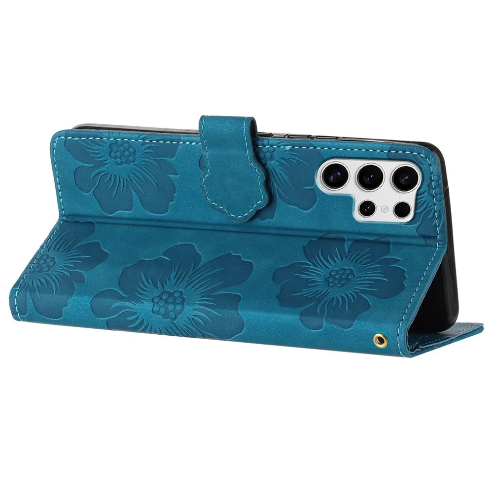 For Samsung Galaxy S25 Ultra Case Flower Design Leather Wallet Phone Cover with Wrist Strap - Blue - 4