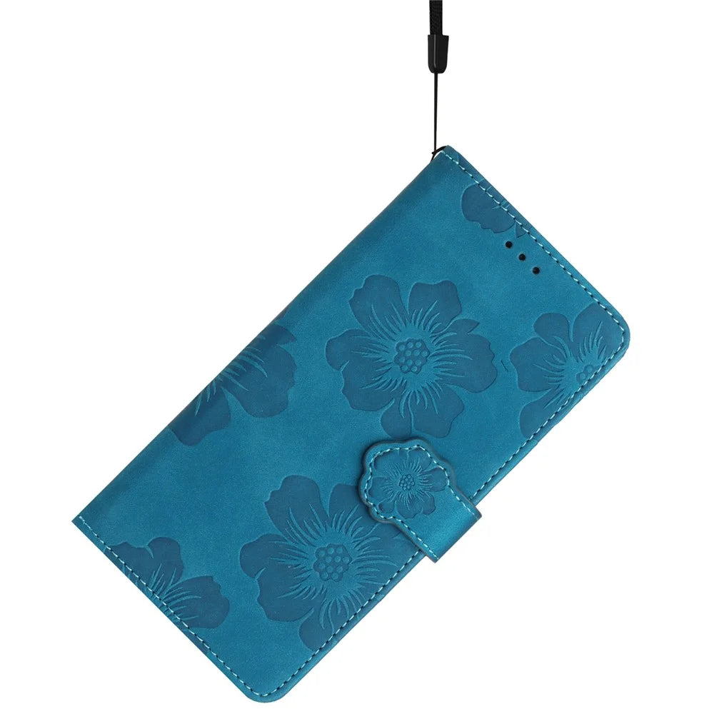 For Samsung Galaxy S25 Ultra Case Flower Design Leather Wallet Phone Cover with Wrist Strap - Blue - 6