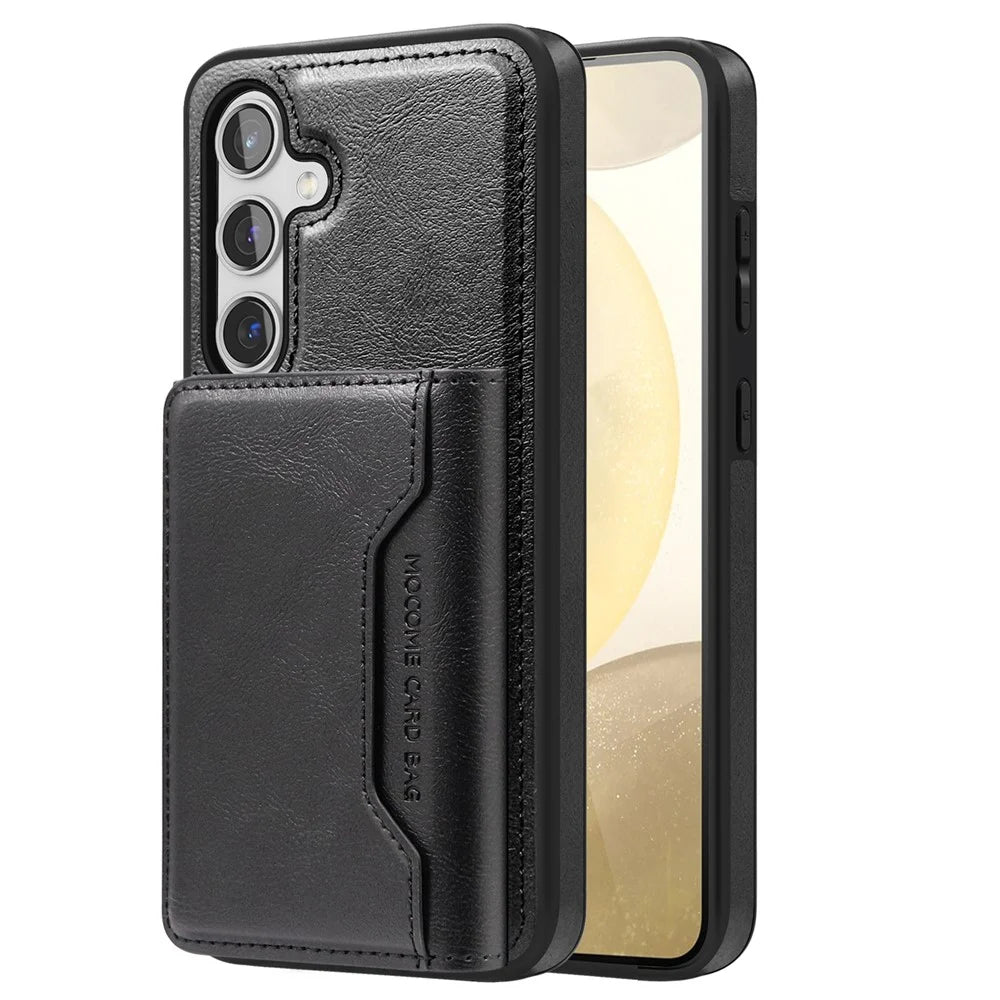 For Samsung Galaxy S24 Magnetic Case Leather Back Phone Cover with Detachable Card Bag - Black - 1