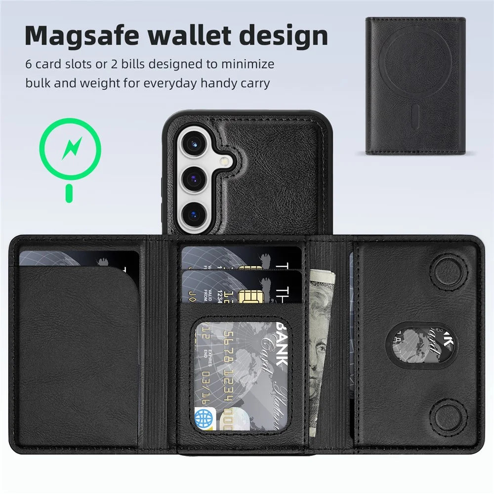 For Samsung Galaxy S24 Magnetic Case Leather Back Phone Cover with Detachable Card Bag - Black - 2