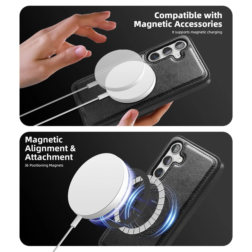 For Samsung Galaxy S24 Magnetic Case Leather Back Phone Cover with Detachable Card Bag - Black - 3