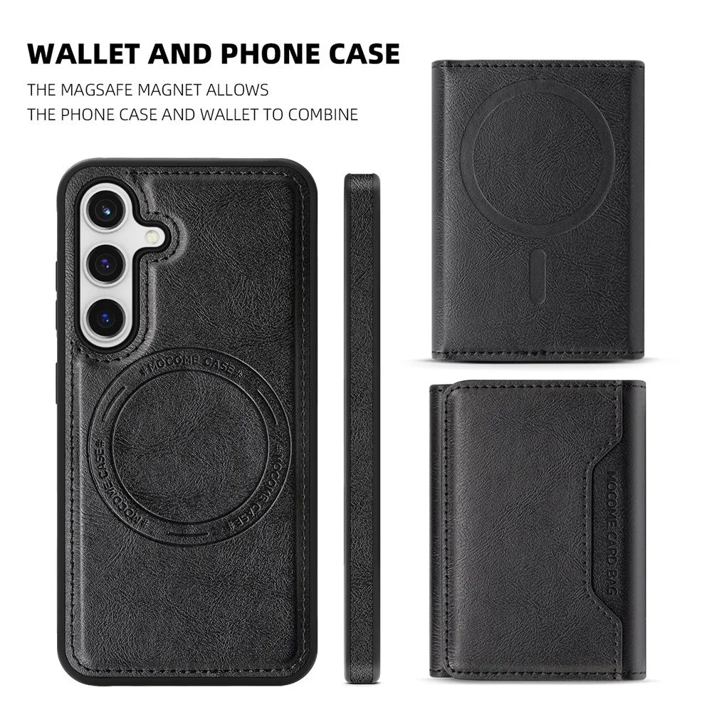 For Samsung Galaxy S24 Magnetic Case Leather Back Phone Cover with Detachable Card Bag - Black - 5