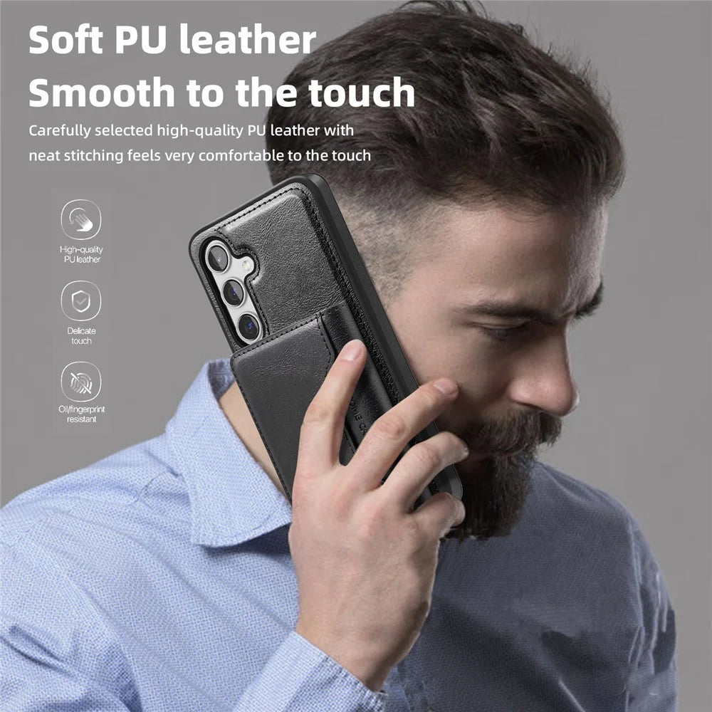 For Samsung Galaxy S24 Magnetic Case Leather Back Phone Cover with Detachable Card Bag - Black - 6