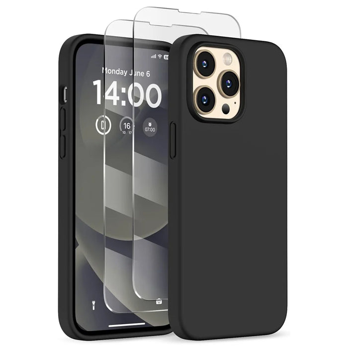 For iPhone 14 Pro Case Compatible with MagSafe Liquid Silicone Cover with 2 Tempered Glass Screen Films - Black - 1