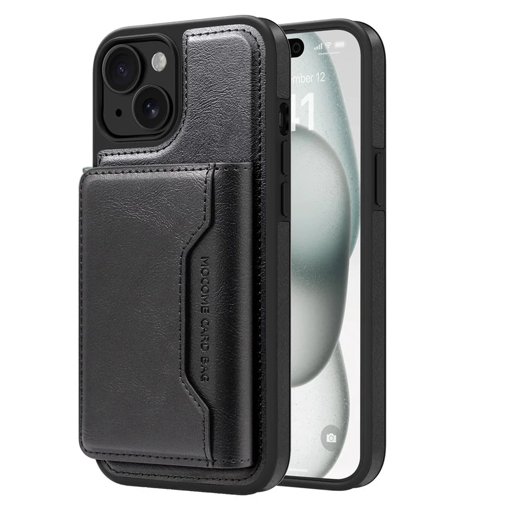 For iPhone 15 Magnetic Case Leather Back Phone Cover with Detachable Card Bag - Black - 2