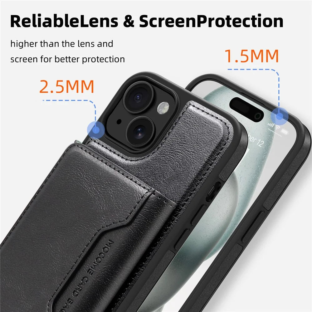 For iPhone 15 Magnetic Case Leather Back Phone Cover with Detachable Card Bag - Black - 6