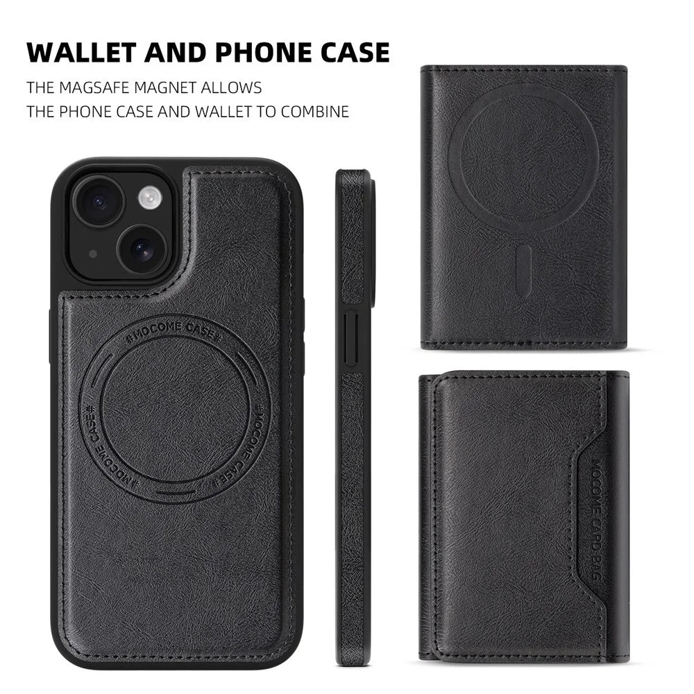 For iPhone 15 Magnetic Case Leather Back Phone Cover with Detachable Card Bag - Black - 7