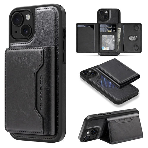For iPhone 15 Plus Magnetic Case Leather Back Phone Cover with Detachable Card Bag - Black - 1