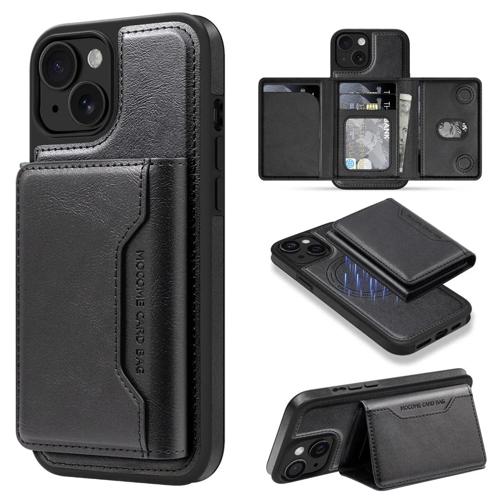 For iPhone 15 Plus Magnetic Case Leather Back Phone Cover with Detachable Card Bag - Black - 1
