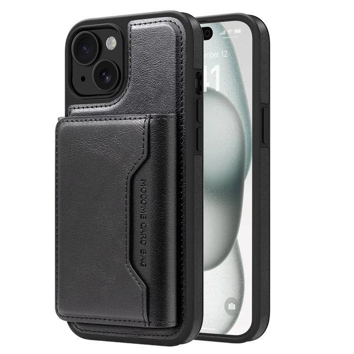 For iPhone 15 Plus Magnetic Case Leather Back Phone Cover with Detachable Card Bag - Black - 2