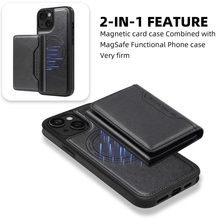 For iPhone 15 Plus Magnetic Case Leather Back Phone Cover with Detachable Card Bag - Black - 3
