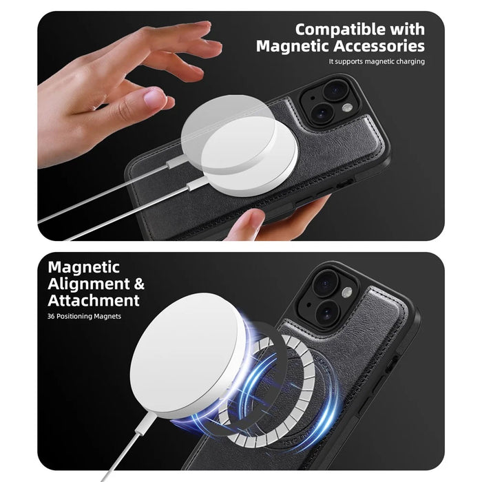 For iPhone 15 Plus Magnetic Case Leather Back Phone Cover with Detachable Card Bag - Black - 4