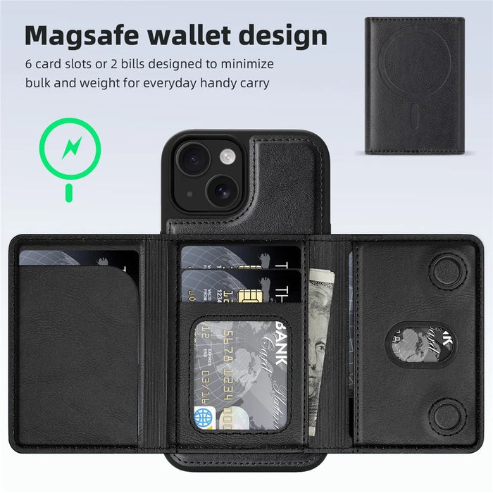 For iPhone 15 Plus Magnetic Case Leather Back Phone Cover with Detachable Card Bag - Black - 5