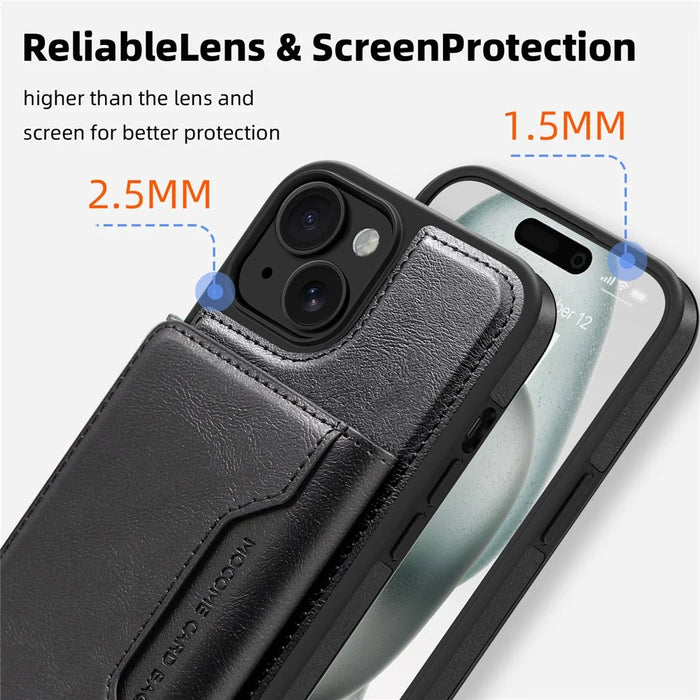 For iPhone 15 Plus Magnetic Case Leather Back Phone Cover with Detachable Card Bag - Black - 6
