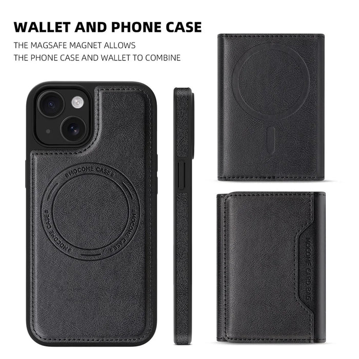 For iPhone 15 Plus Magnetic Case Leather Back Phone Cover with Detachable Card Bag - Black - 7