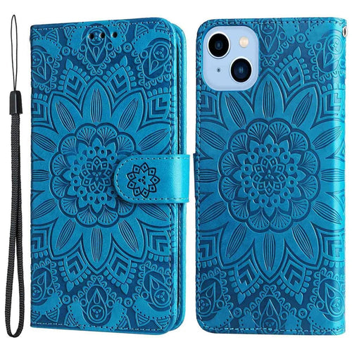 For iPhone 13 6.1 inch Sunflower Imprinted PU Leather Magnetic Flip Cover Stand Feature Wallet Purse Case with Hand Strap - Blue - 1
